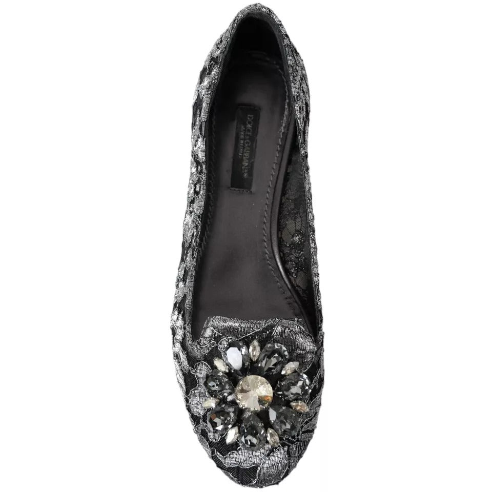 Grå svarte blonder krystall ballet loafers