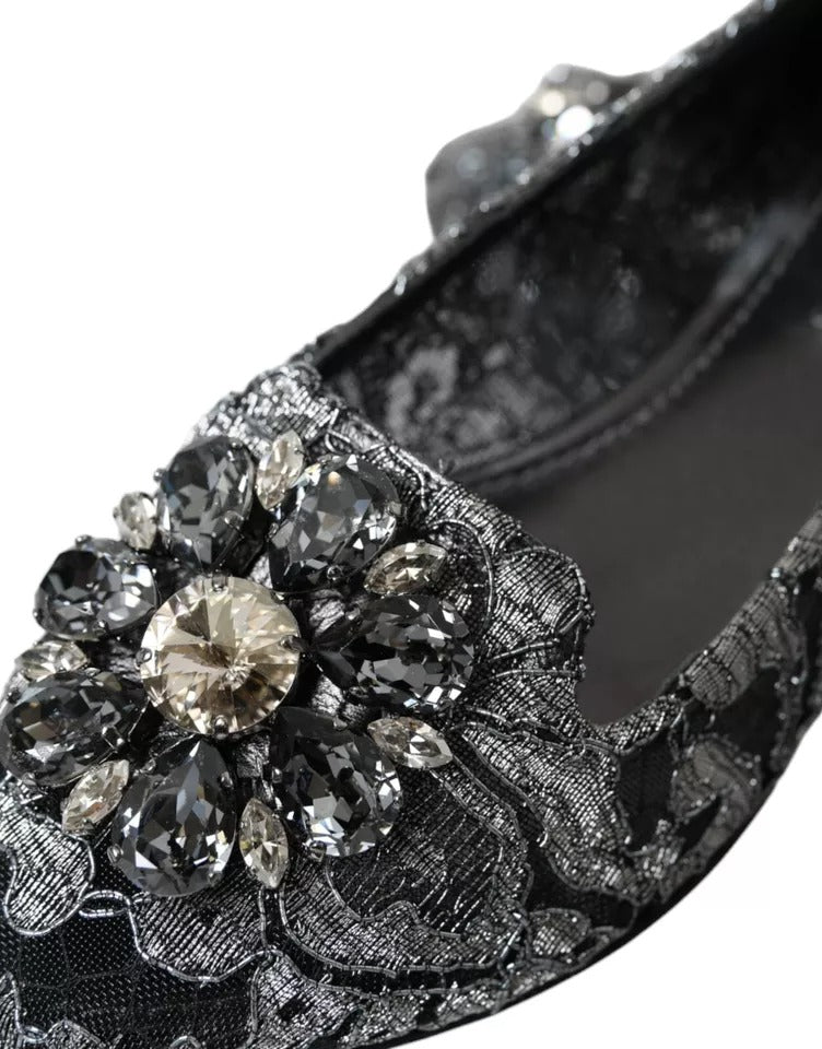 Grå svarte blonder krystall ballet loafers