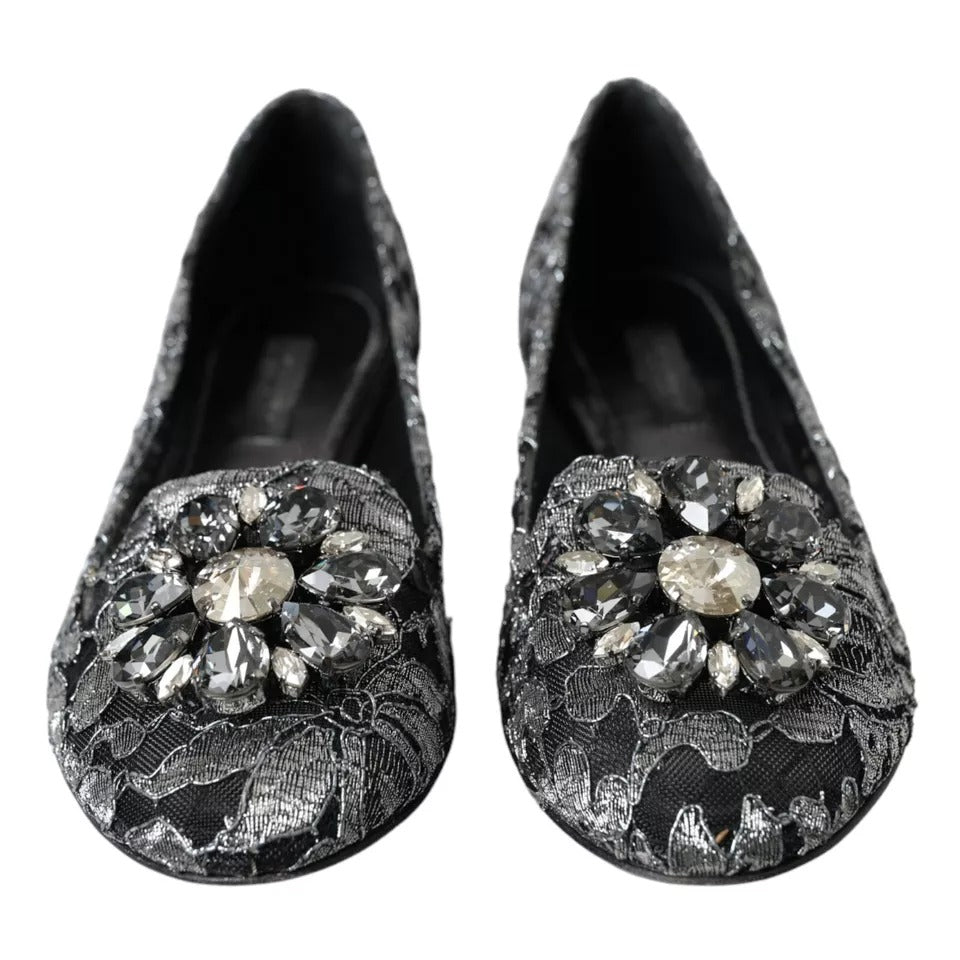 Grå svarte blonder krystall ballet loafers