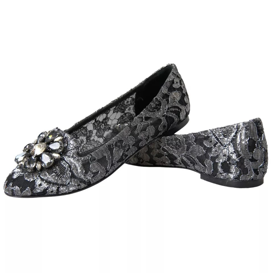 Grå svarte blonder krystall ballet loafers