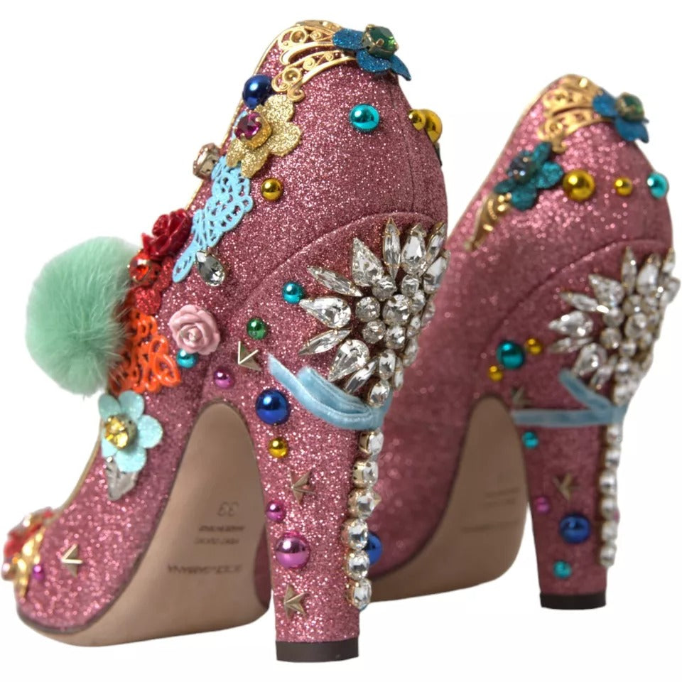 Rosa utsmykkede pels Mary Jane pumps sko