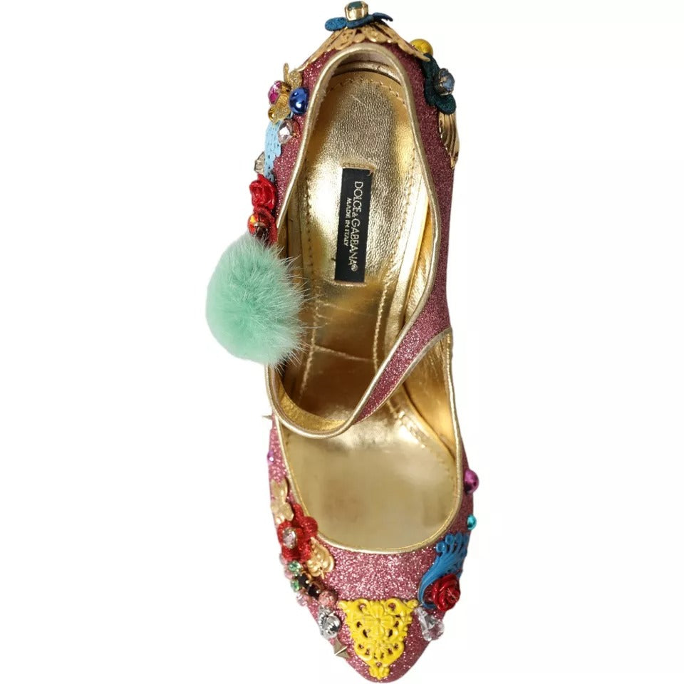 Rosa utsmykkede pels Mary Jane pumps sko