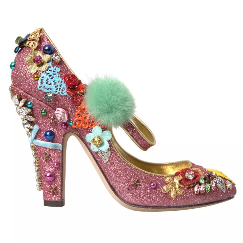 Rosa utsmykkede pels Mary Jane pumps sko