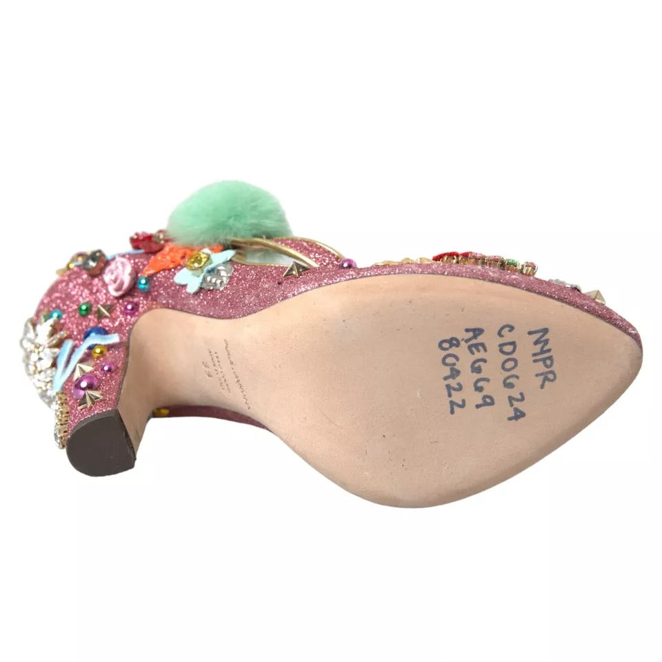 Rosa utsmykkede pels Mary Jane pumps sko