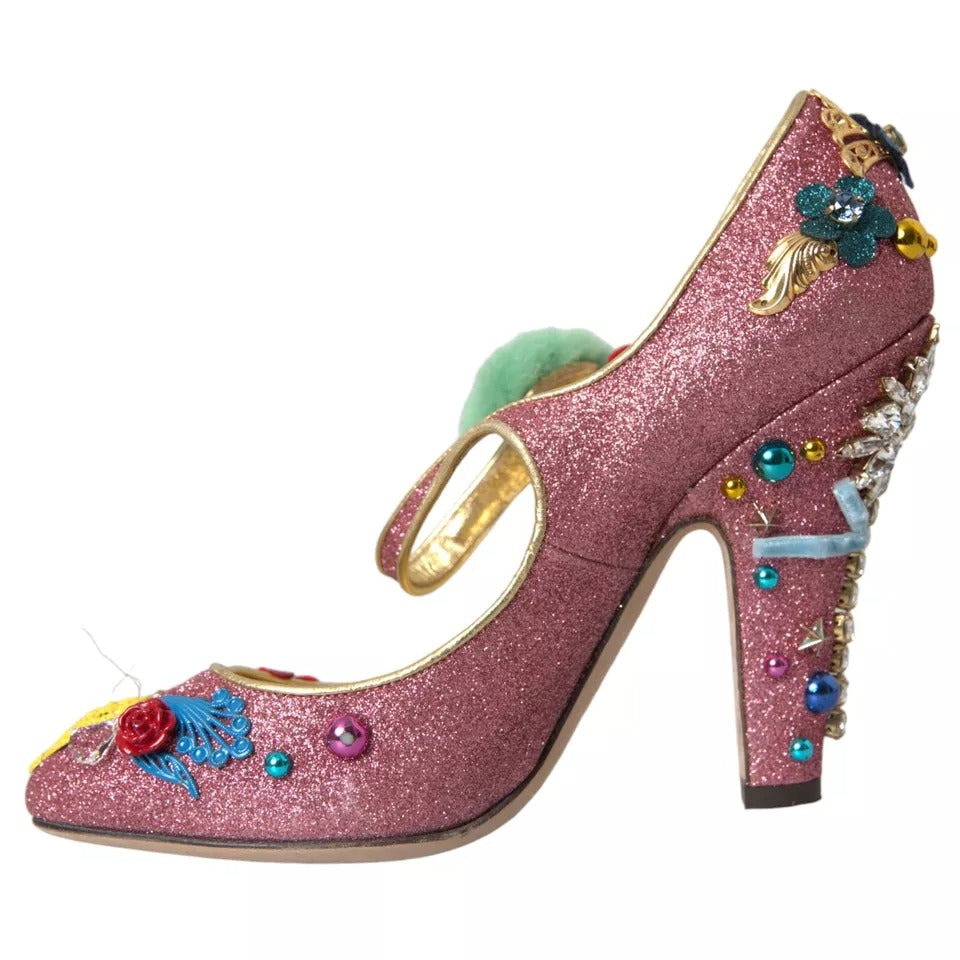 Rosa utsmykkede pels Mary Jane pumps sko