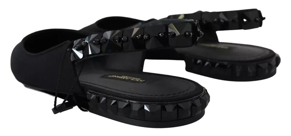 Svarte flate krystall slingback charmeuse sko