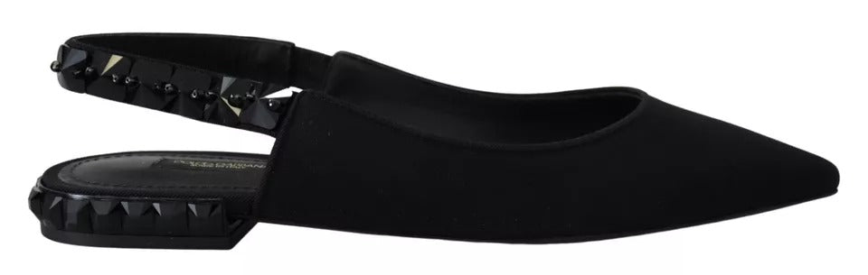 Svarte flate krystall slingback charmeuse sko