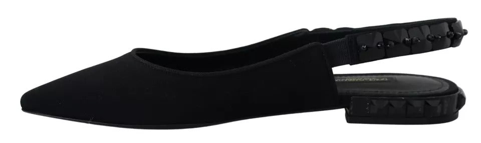 Svarte flate krystall slingback charmeuse sko