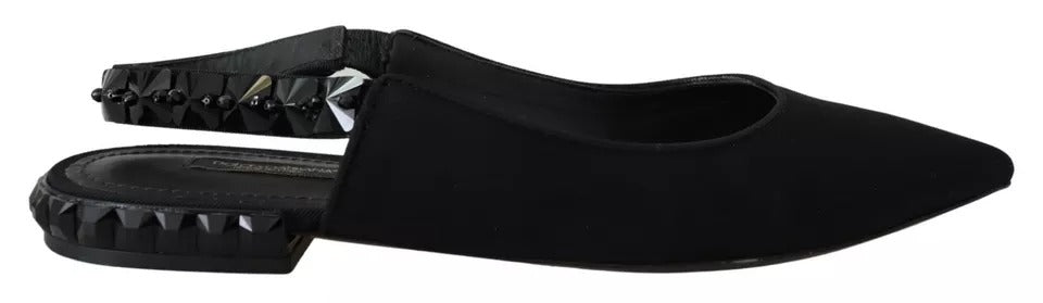 Svarte flate krystall slingback charmeuse sko