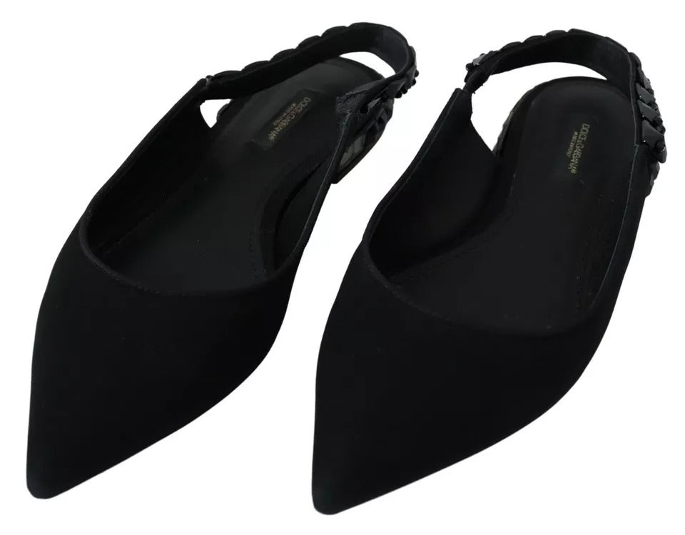 Svarte flate krystall slingback charmeuse sko