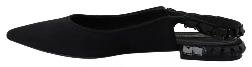 Svarte flate krystall slingback charmeuse sko