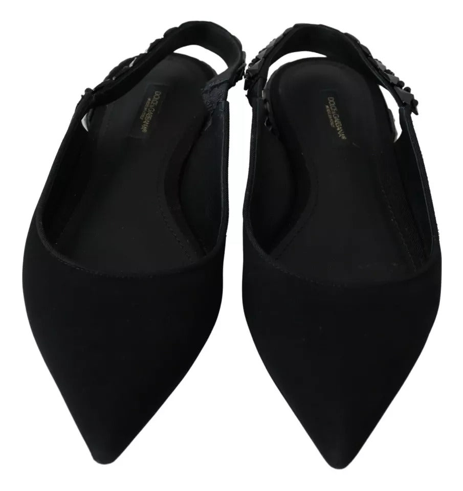 Svarte flate krystall slingback charmeuse sko