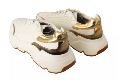 Dolce &amp; Gabbana Hvite Gull Skinn Sport Daymaster Sneakers Sko