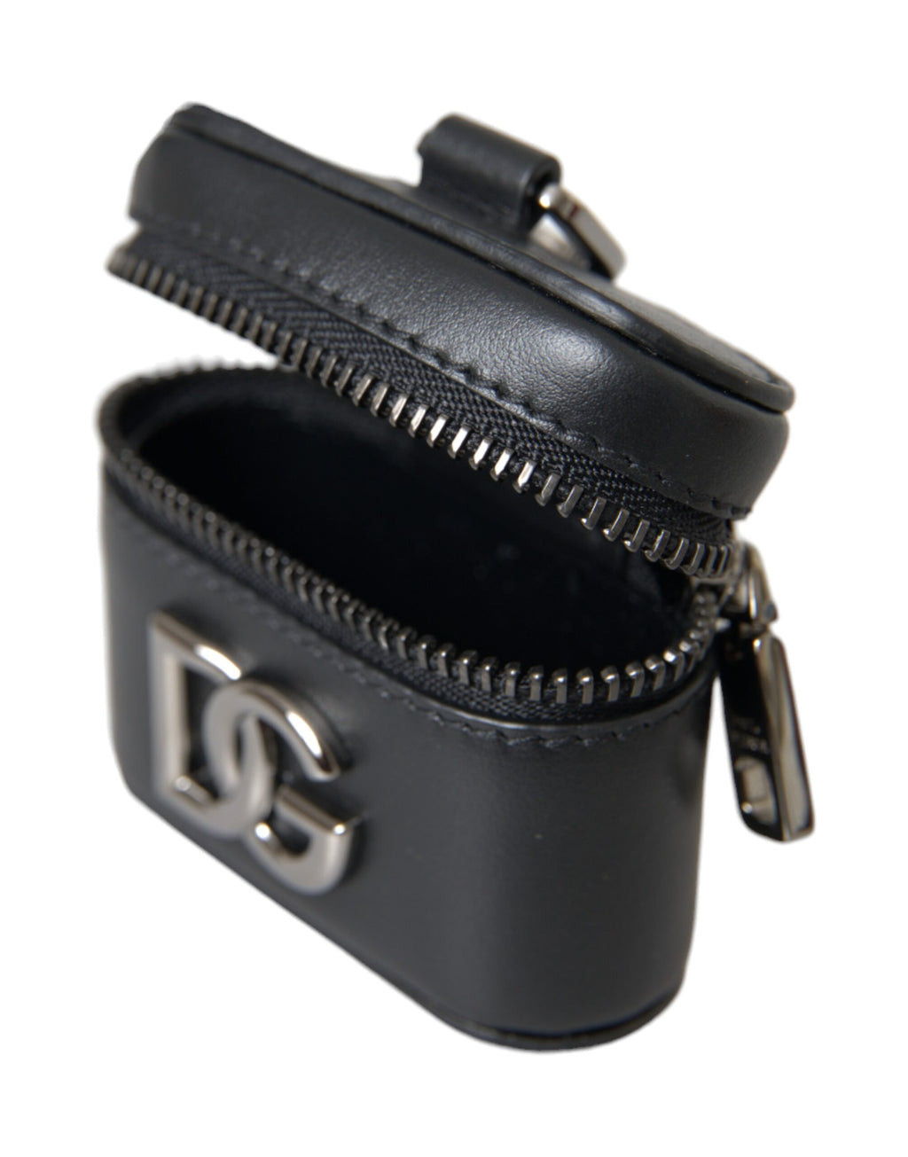 Svart DG-logotyp i läder med silverfärgad metall och Airpods-fodral