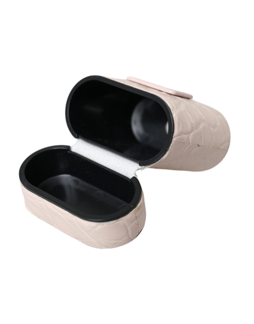 Ljusrosa Airpods-skal i läder med metalllogotyp