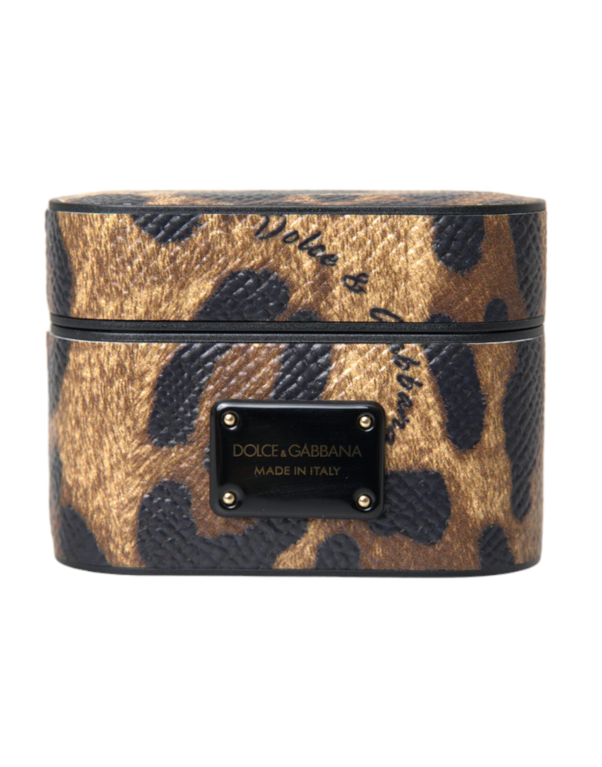 Airpods-skal i brunt leopardfärgat kalvläder med metallplack och logotyp