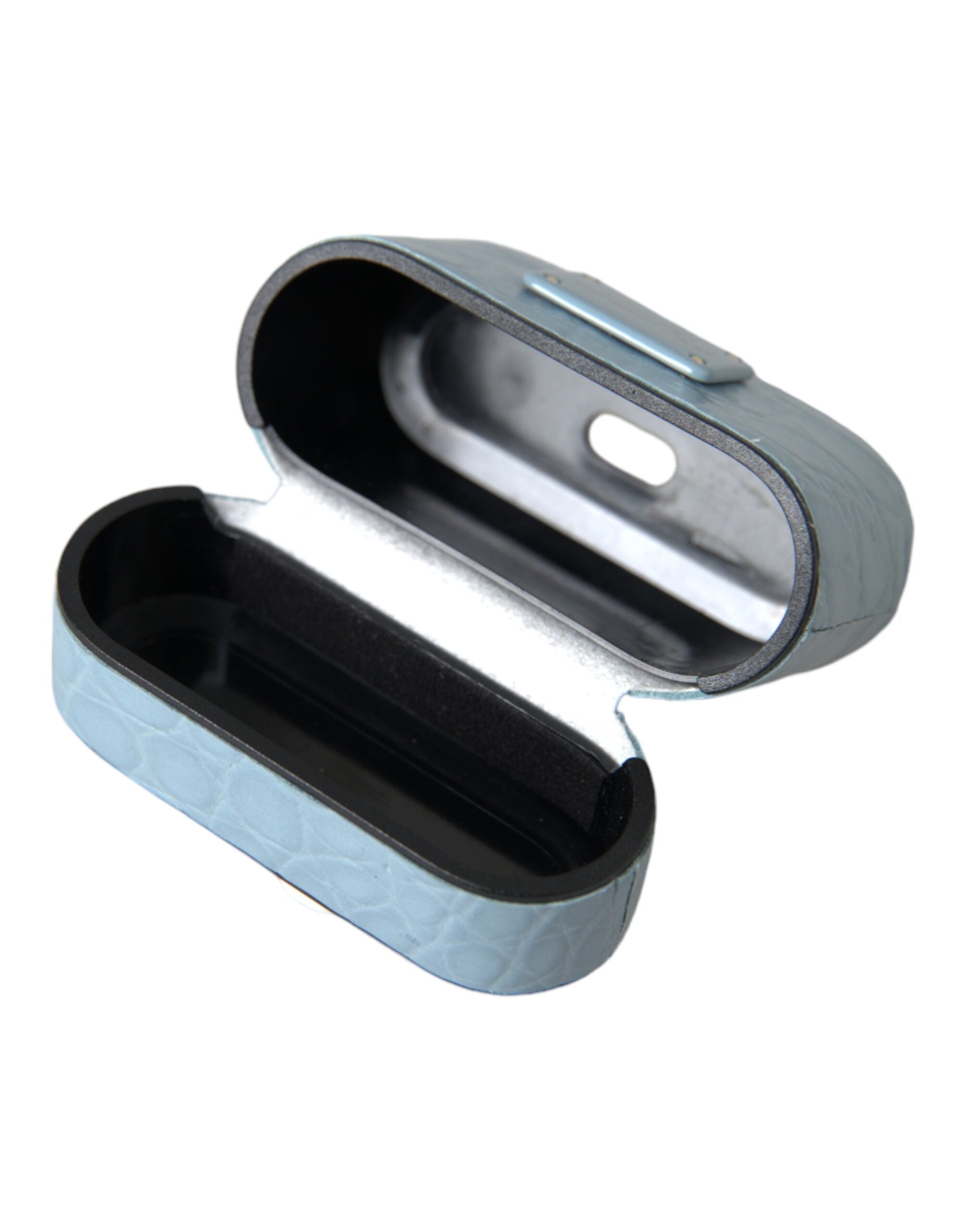 Ljusblått Airpods-skal i läder med metalllogotyp