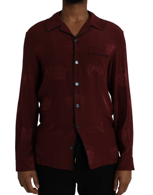Dolce &amp; Gabbana Maroon Crown Jacquard Siden Långärmad Skjorta