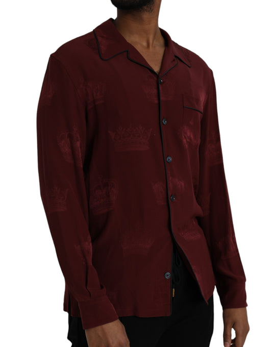Dolce &amp; Gabbana Maroon Crown Jacquard Siden Långärmad Skjorta