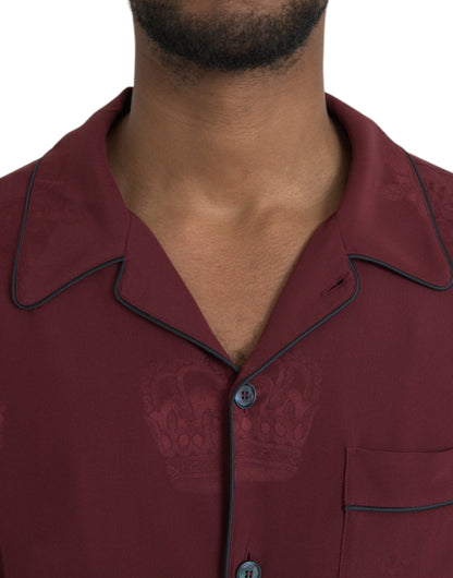 Dolce &amp; Gabbana Maroon Crown Jacquard Siden Långärmad Skjorta