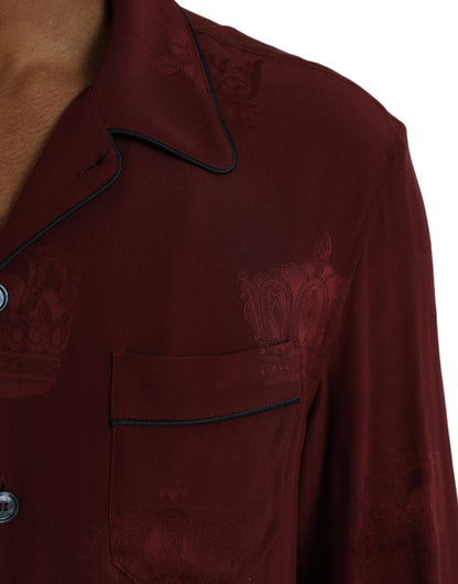 Dolce &amp; Gabbana Maroon Crown Jacquard Siden Långärmad Skjorta