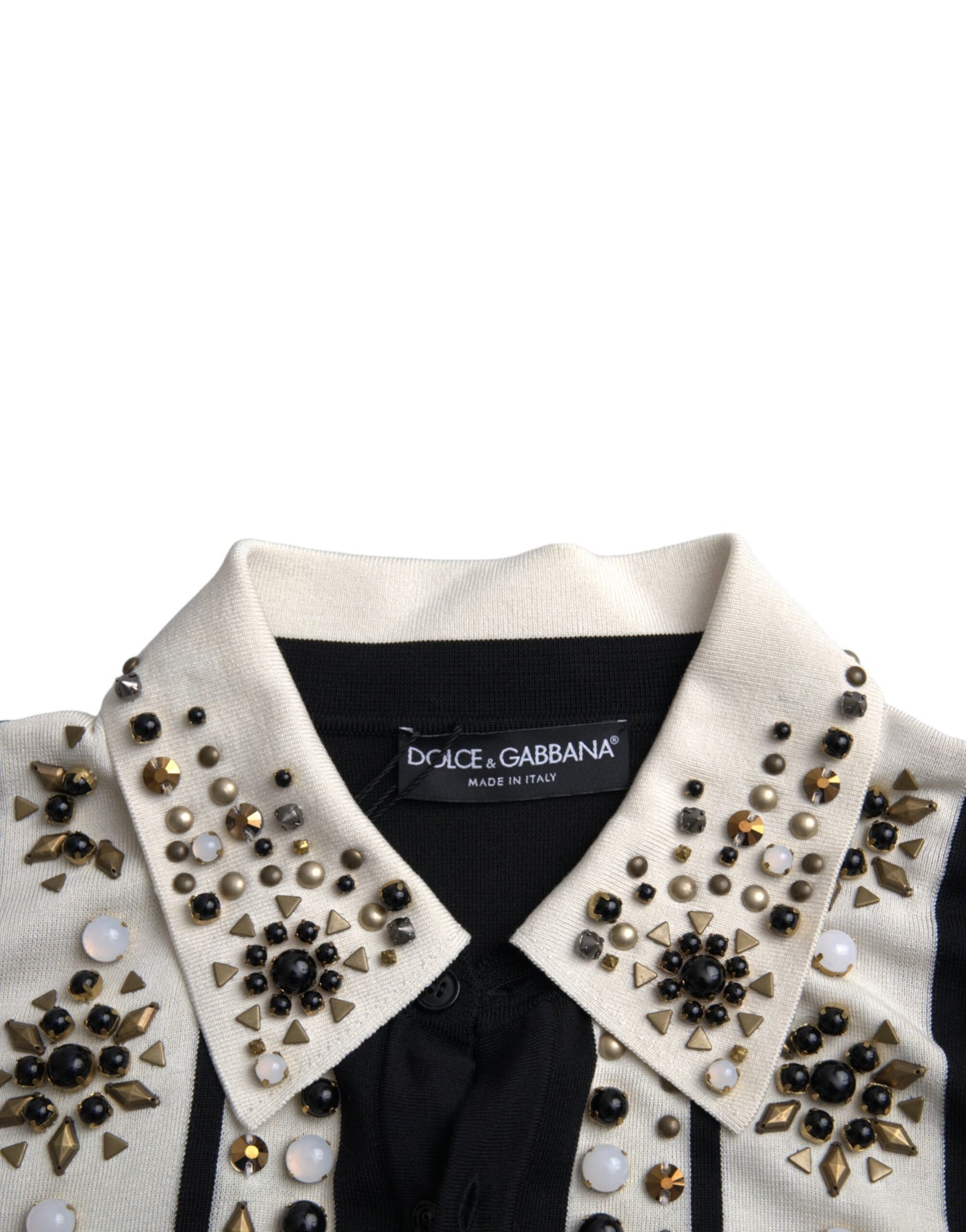 Dolce &amp; Gabbana Vit Svart Sidenskjorta med Nitar och Kristaller