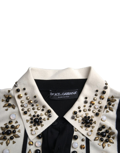 Dolce &amp; Gabbana Vit Svart Sidenskjorta med Nitar och Kristaller