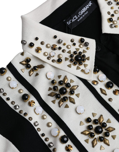 Dolce &amp; Gabbana Vit Svart Sidenskjorta med Nitar och Kristaller