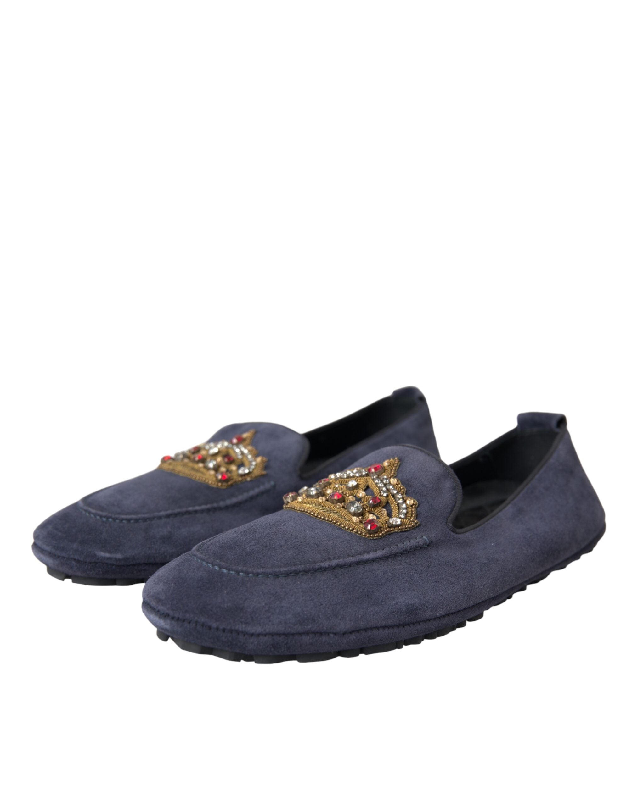 Blå skinn semskede krystallkrone loafers sko
