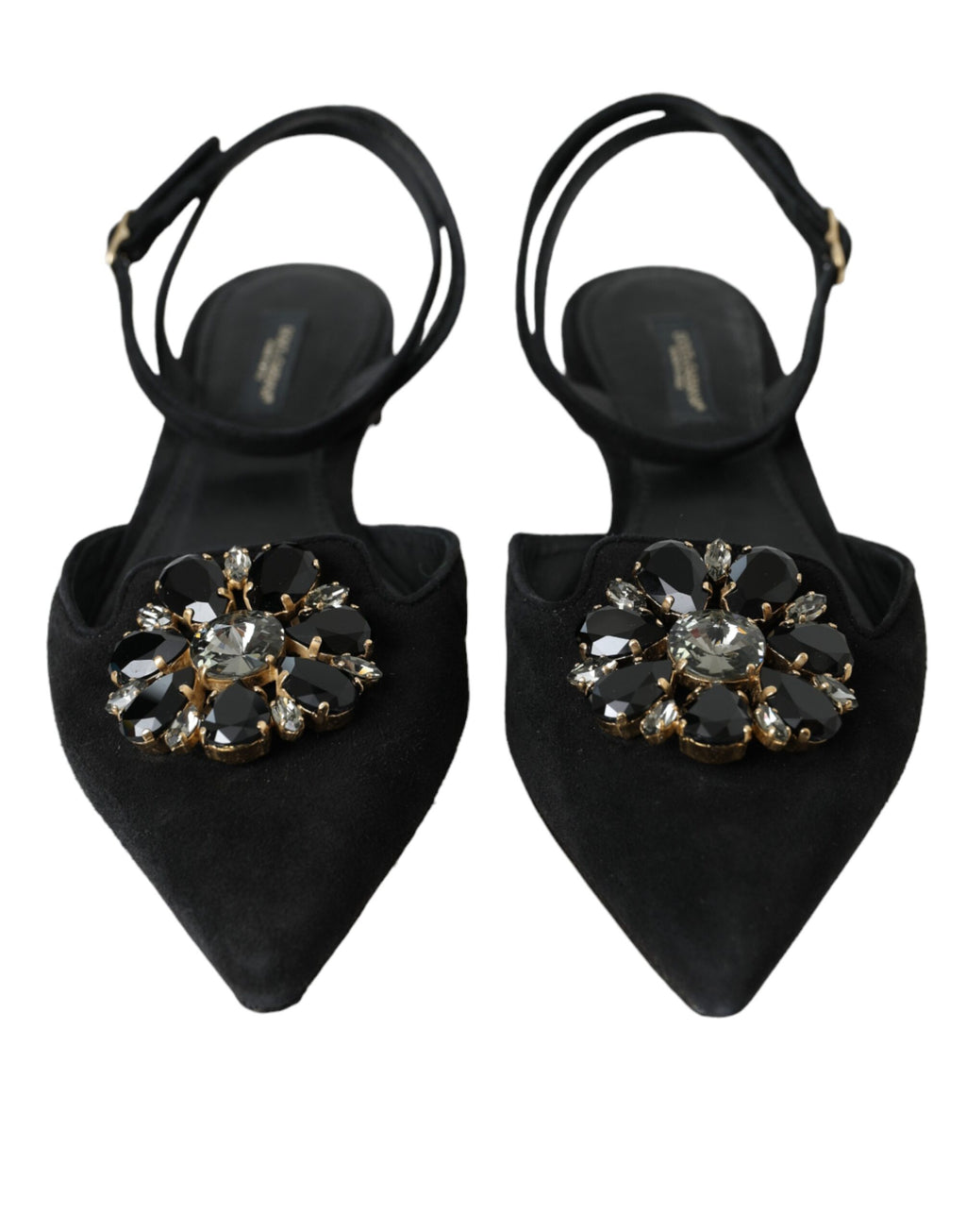 Svarte skinnsandaler med krystaller og slingback-sko
