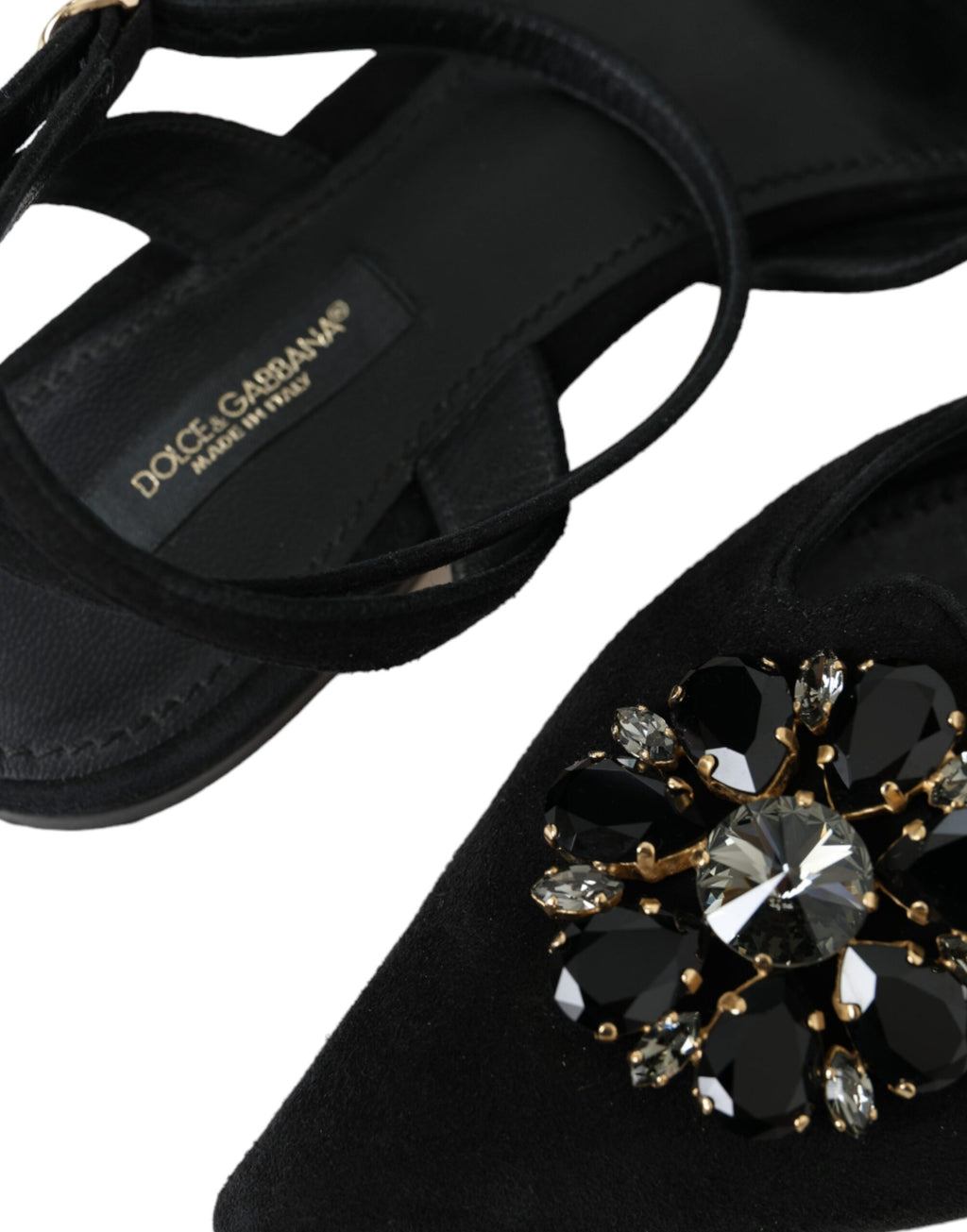 Svarte skinnsandaler med krystaller og slingback-sko