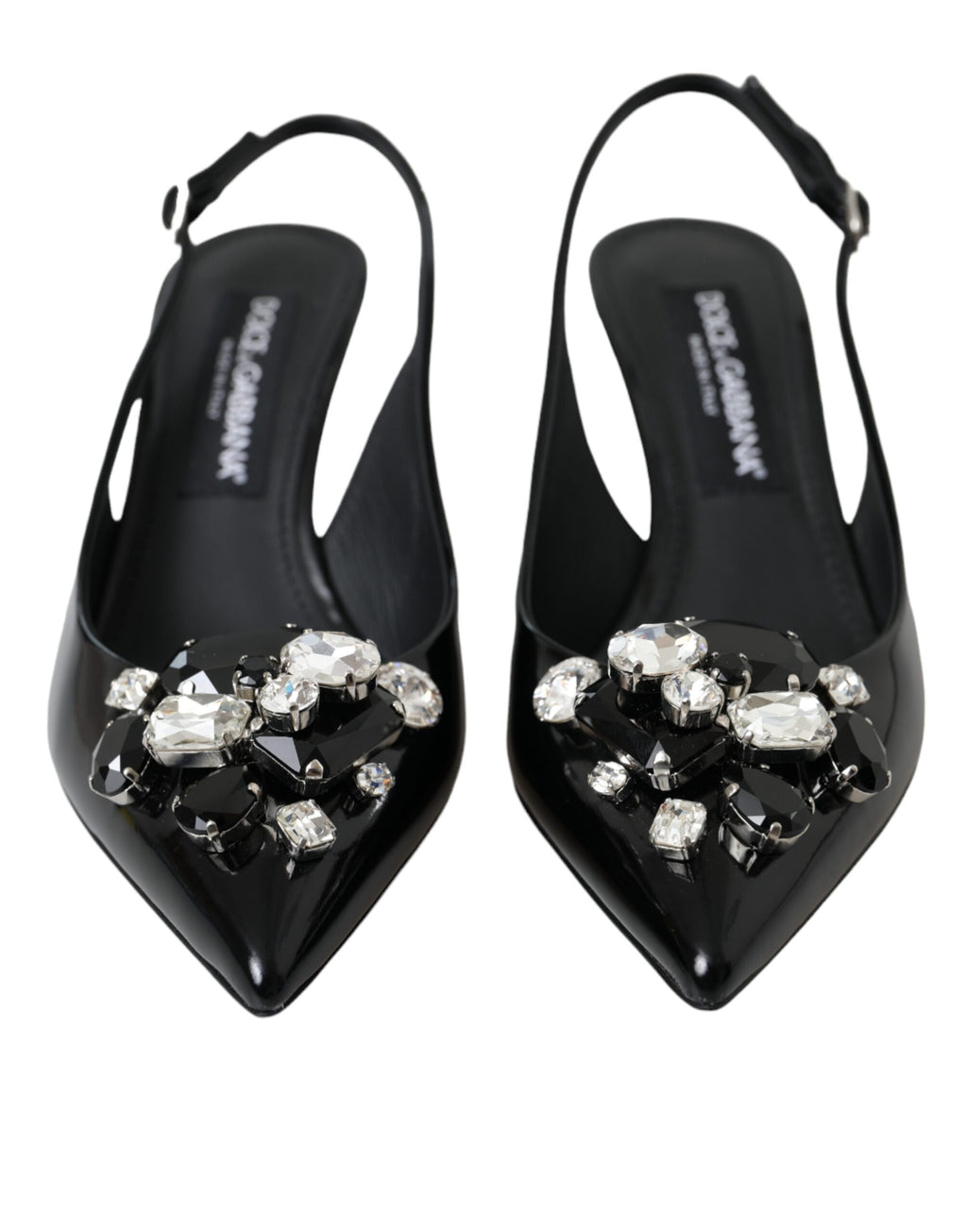 Svarte slingback-sko i lakkskinn med krystaller
