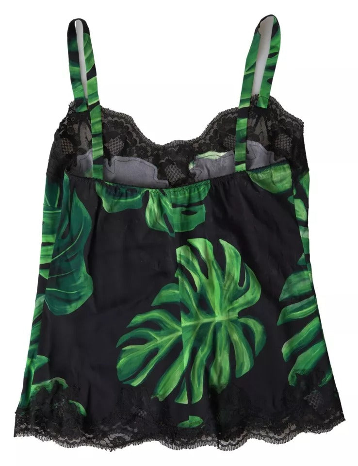 Svart Philodendron-mönstrat sidenlinne med underkläder