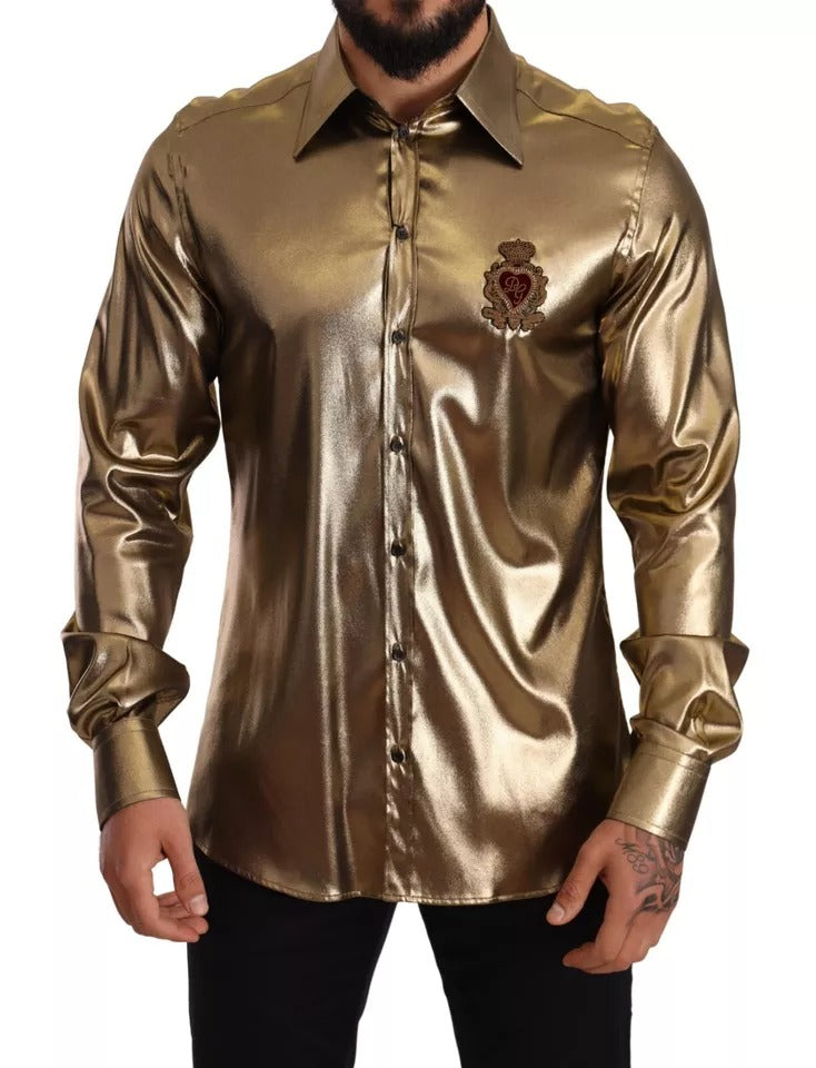 Dolce &amp; Gabbana Metallic Gold DG Broderad Krona Sidentoppskjorta