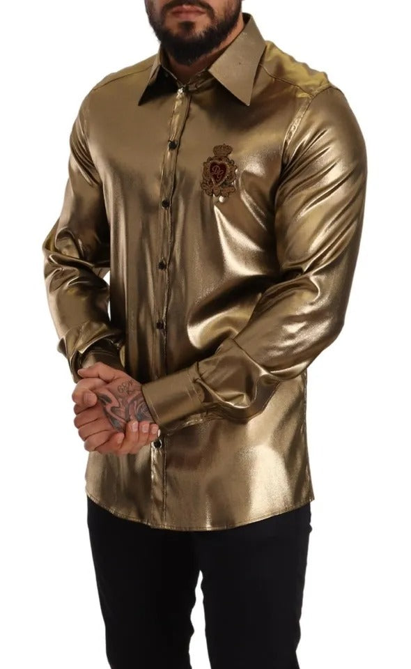 Dolce &amp; Gabbana Metallic Gold DG Broderad Krona Sidentoppskjorta