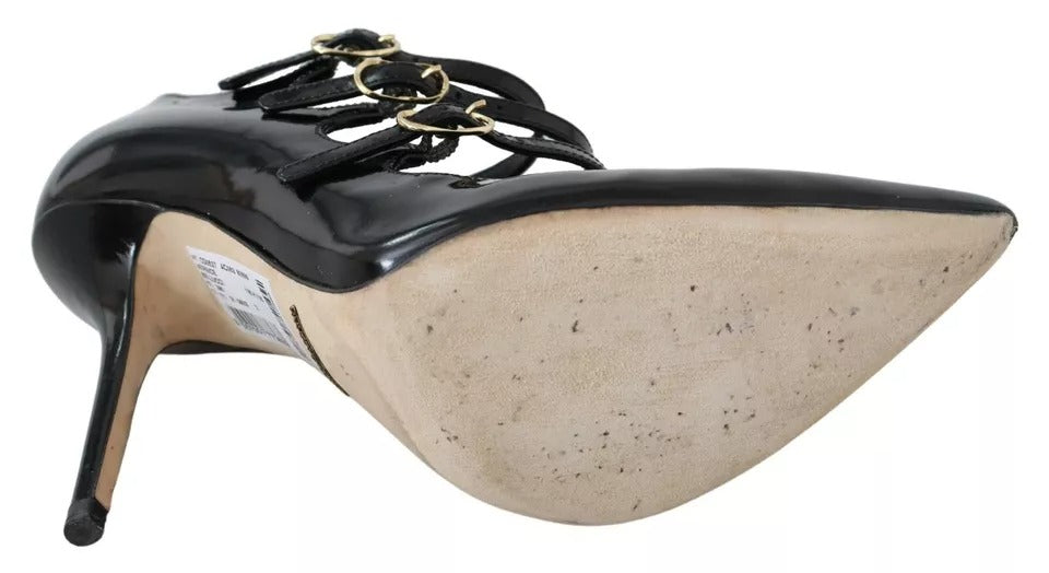 Svarta Läderklackade Pumps Skor Med Ankelrem