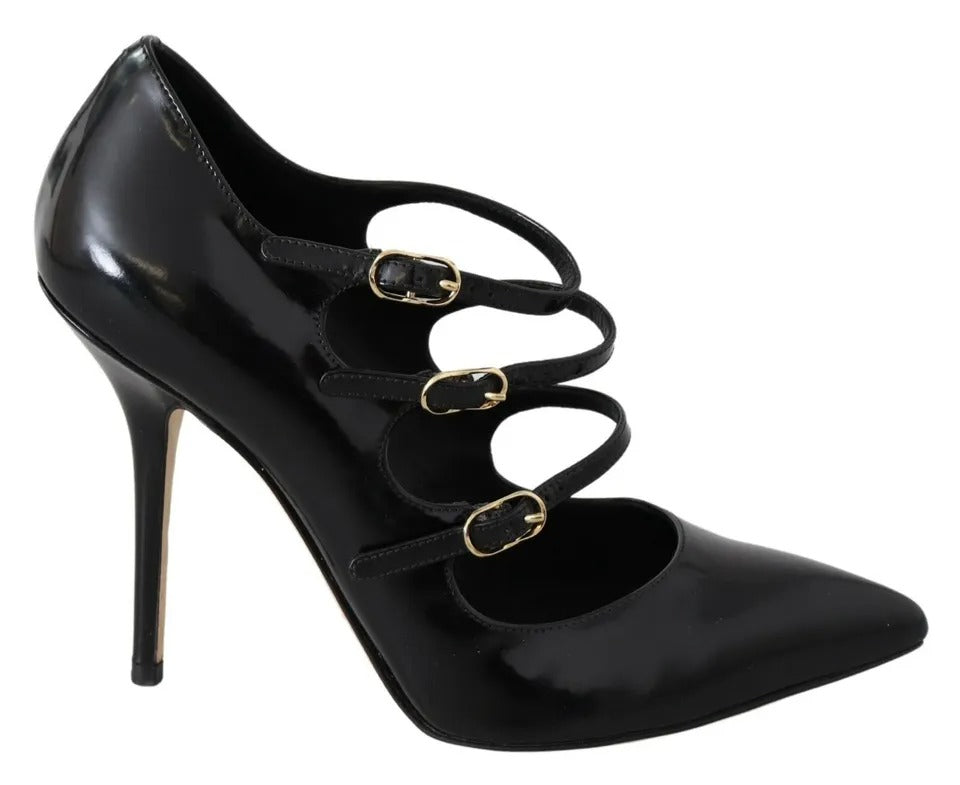 Svarta Läderklackade Pumps Skor Med Ankelrem