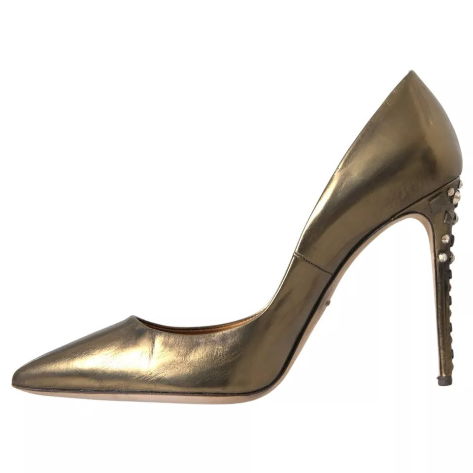 Bronsfärgade Läderprydda Klackskor Pumps