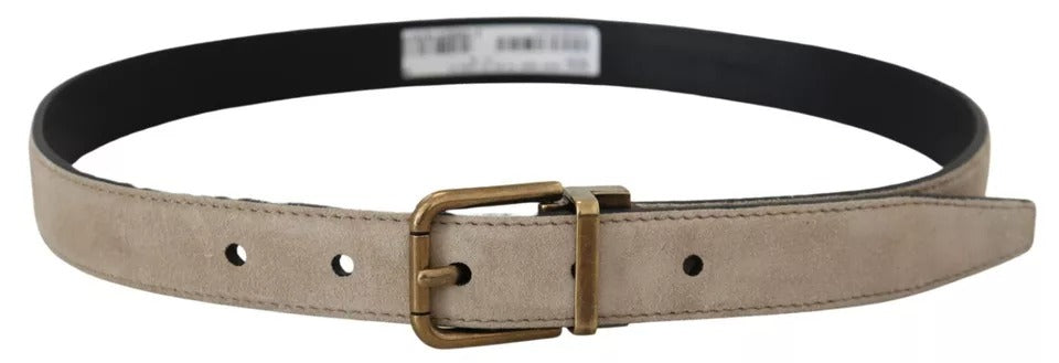 Beige sammetsläderbälte med guldfärgad metallspänne