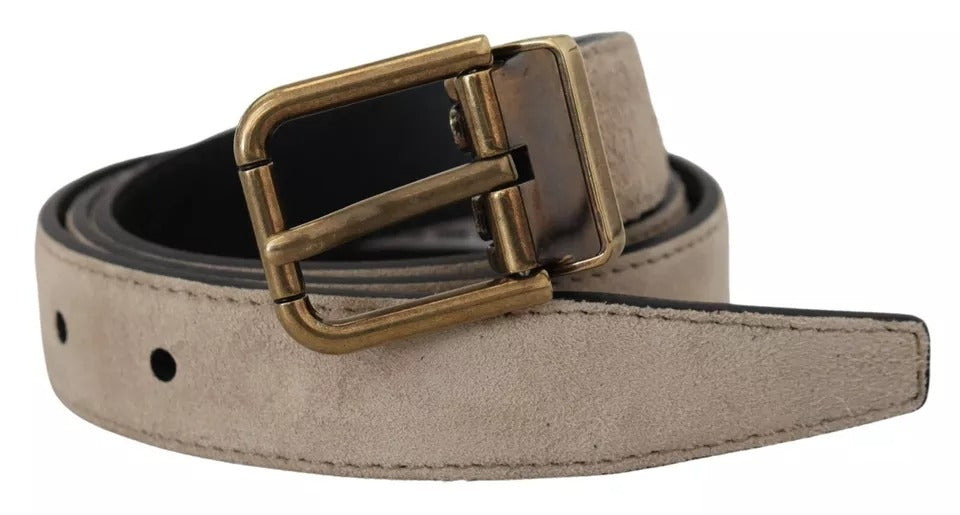 Beige sammetsläderbälte med guldfärgad metallspänne