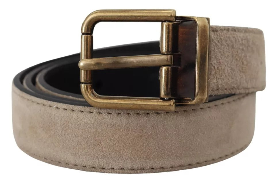 Beige sammetsläderbälte med guldfärgad metallspänne