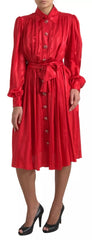 Dolce & Gabbana Red Button Down Belted Midi Satin Silk Dress