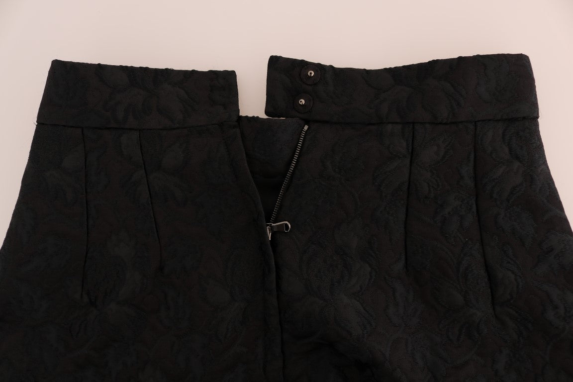Svart blommig jacquard sidenkjol med A-linjemönster