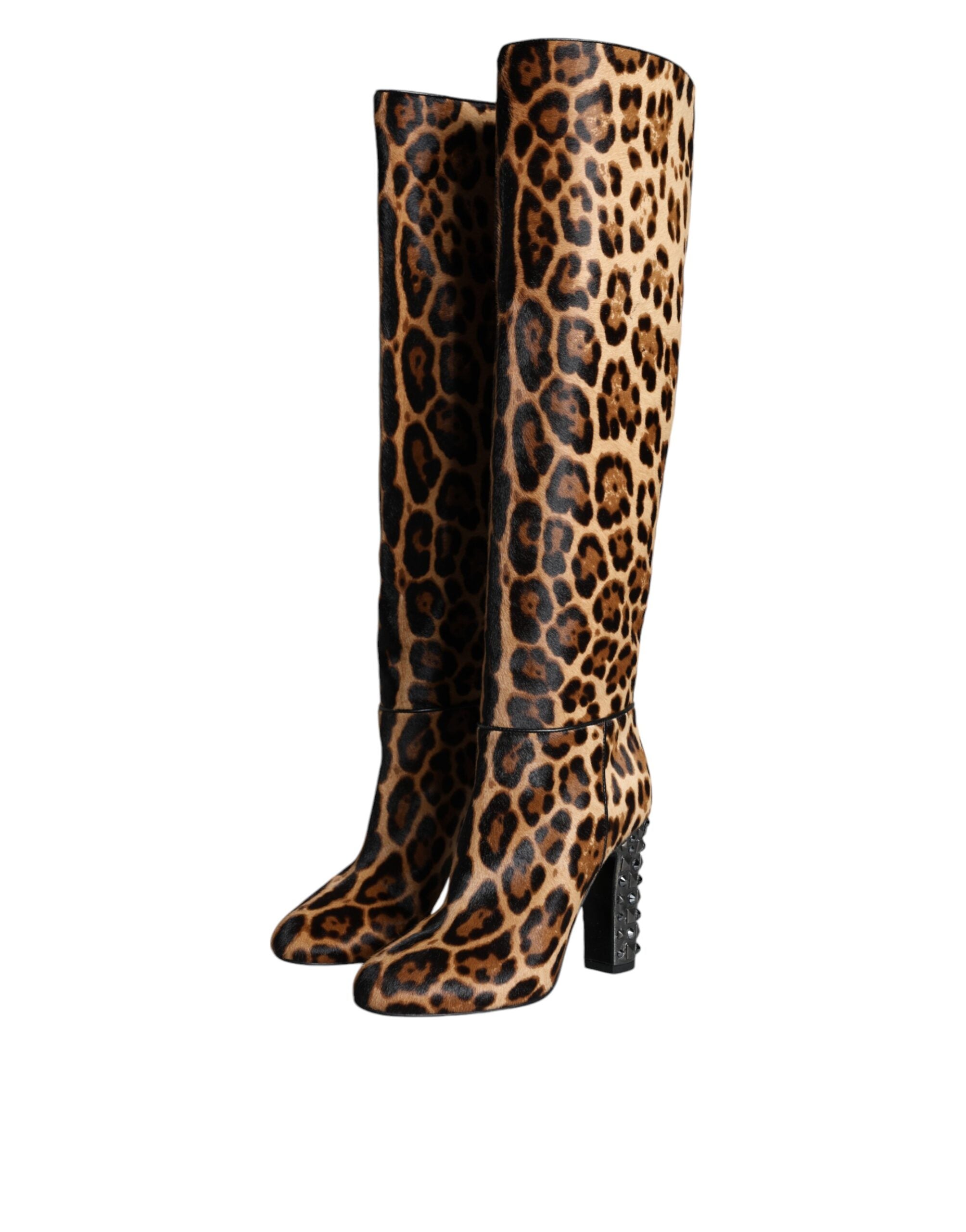 Beige Svarta Leopard Knähöga Stövlar Skor