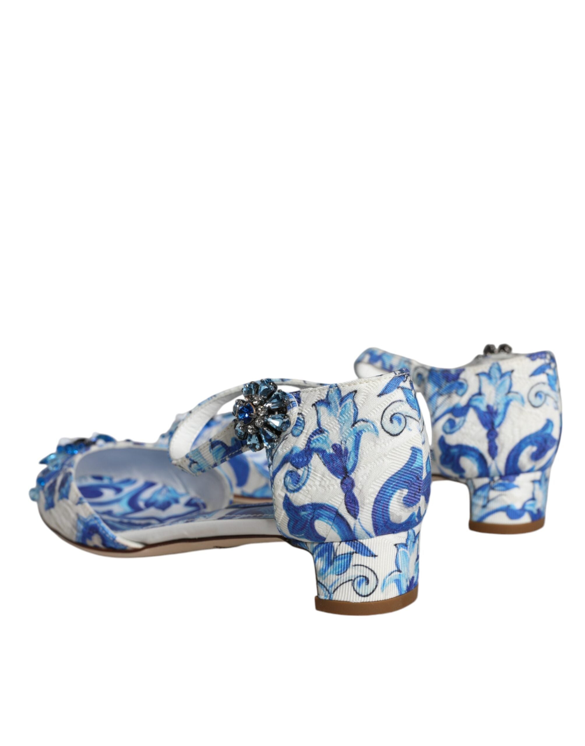 Hvite Blå Majolica-Mønster Ankelrem Sandaler Sko