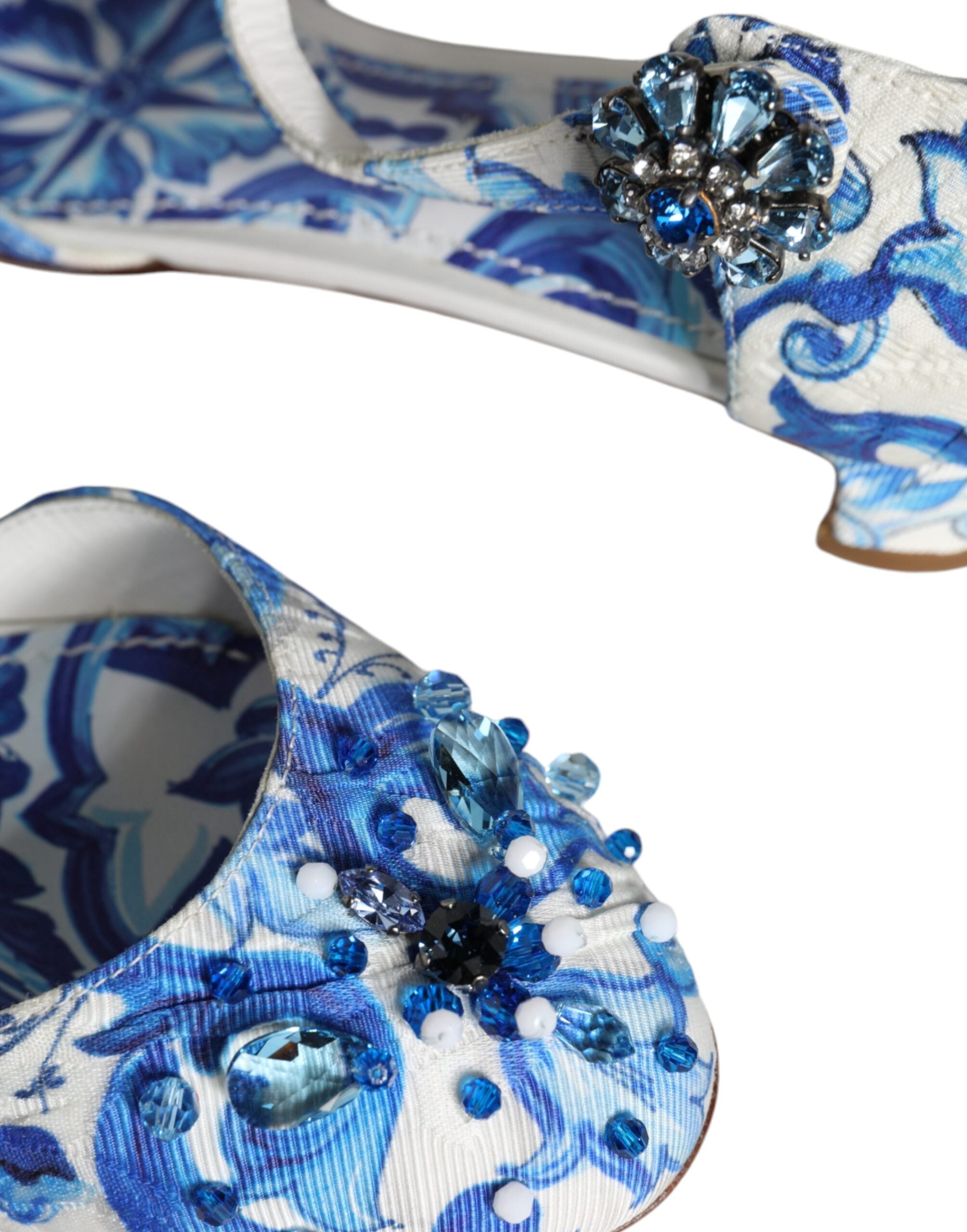 Hvite Blå Majolica-Mønster Ankelrem Sandaler Sko