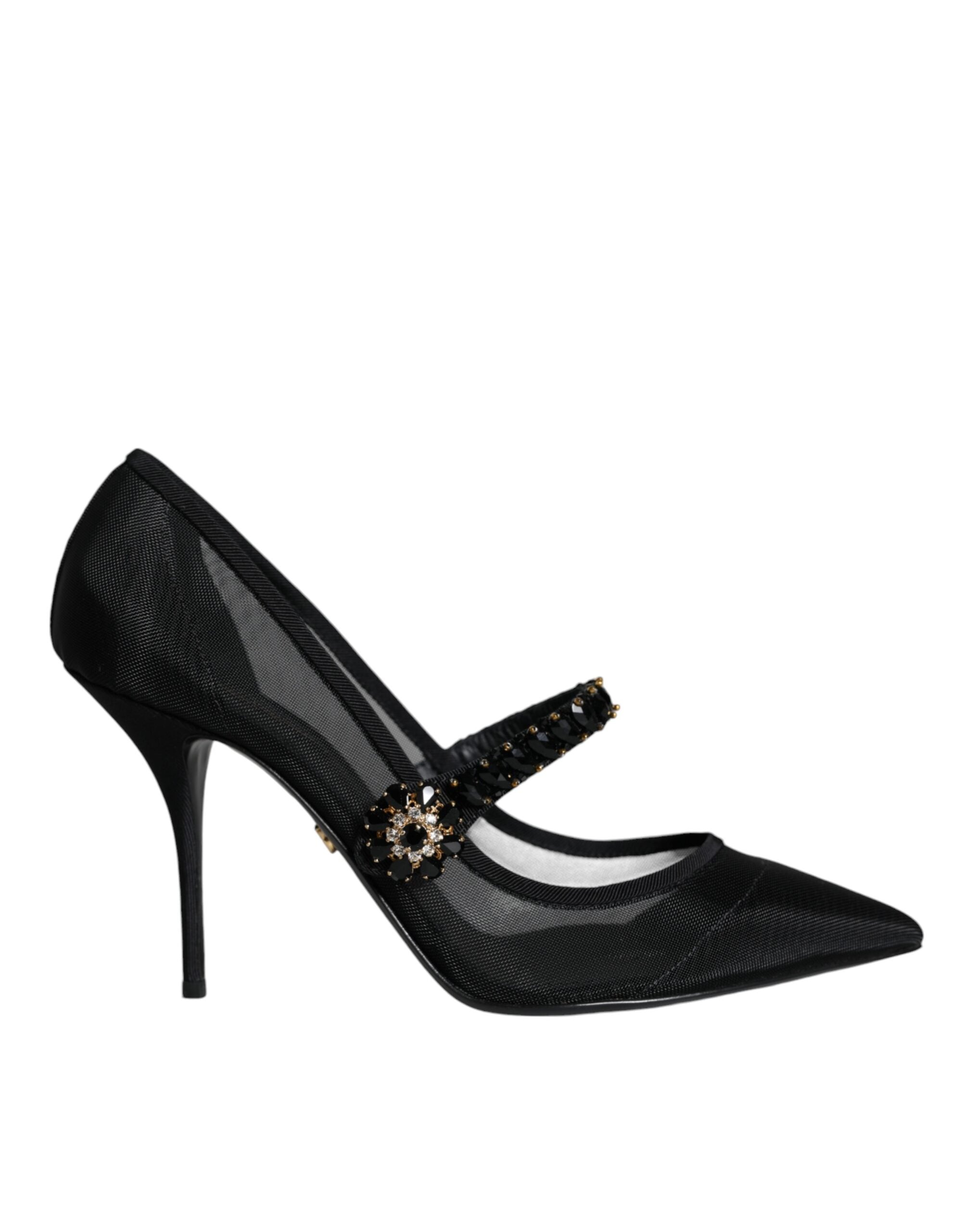 Svarta Mesh Mary Jane Kristallklackade Pumps Skor
