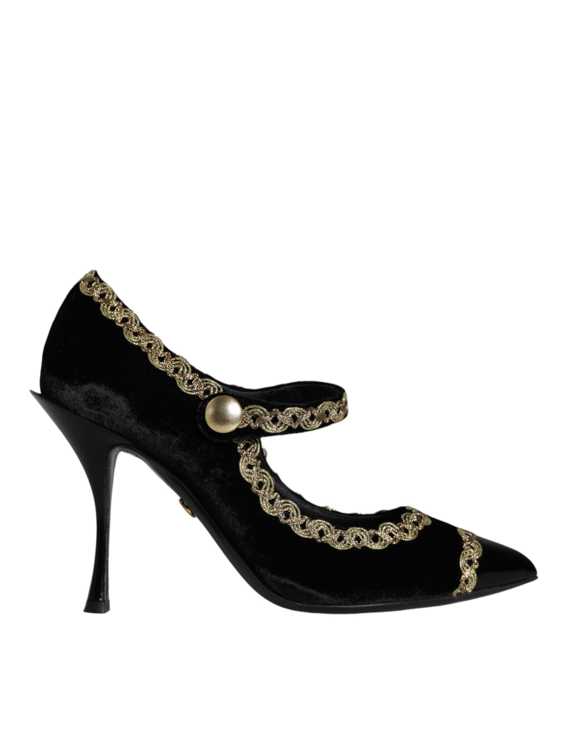 Svarta Mary Janes i sammet med guldfärgade pumps