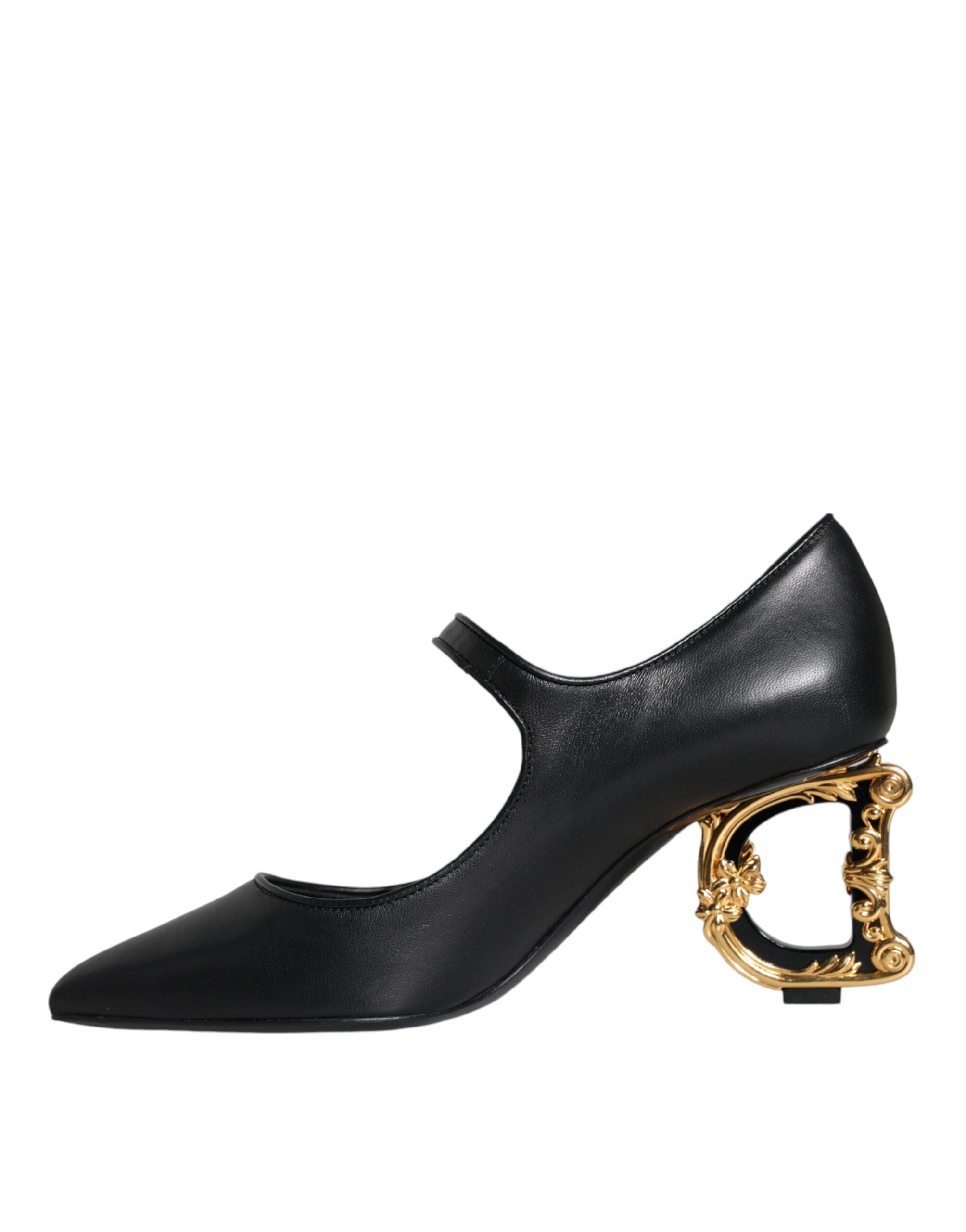 Svarta Läderklackade Mary Janes Pumps Skor med Logotyp