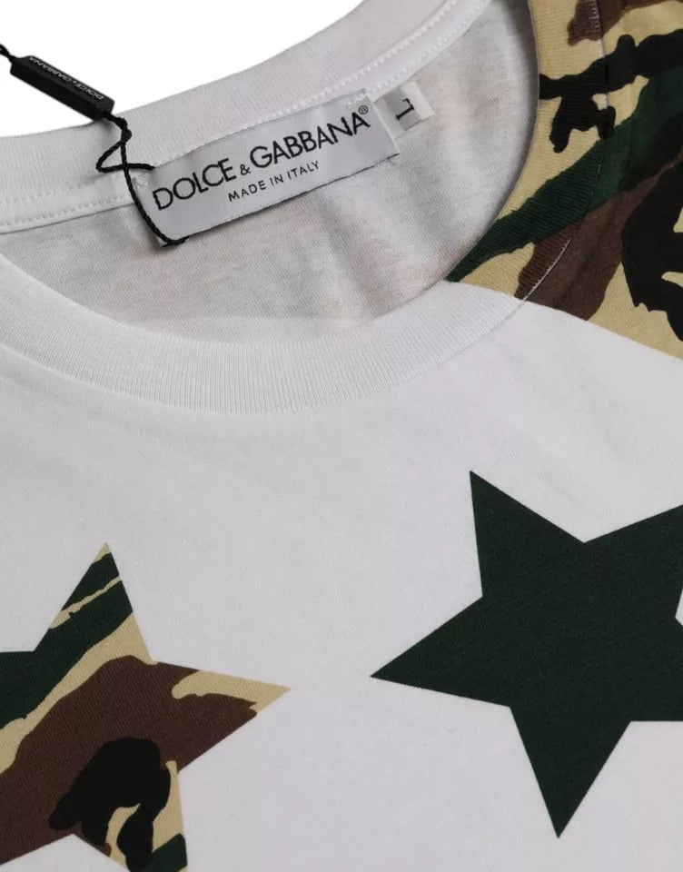 Dolce &amp; Gabbana Vit Kamouflage Stjärnor Rund Neck Herr T-shirt